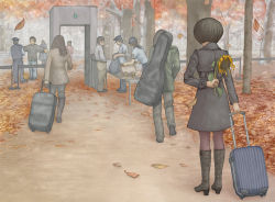 Rule 34 | 5boys, 5girls, arm behind back, autumn, autumn leaves, bag, barricade, black coat, black footwear, black hair, black legwear, black pants, blue shirt, bob cut, boots, brown pants, coat, commentary, facing away, falling leaves, flower, forest, from behind, green jacket, guitar case, hands in pockets, hat, hiding, high heel boots, high heels, holding, holding bag, holding flower, holding suitcase, instrument case, instrument on back, jacket, knee boots, leaf, long coat, long sleeves, metal detector, multiple boys, multiple girls, nature, original, outdoors, outstretched arms, painting (medium), pants, pantyhose, path, police hat, queue, red jacket, road, rolling suitcase, searching, security checkpoint, security guard, shirt, short hair, short sleeves, snowing, spread arms, suitcase, sunflower, table, togi fuyumi, traditional media, tree, uniform, watercolor (medium), white jacket, wilting