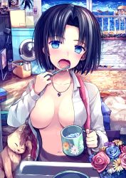 Rule 34 | 1girl, animal, basket, bird, black hair, black pantyhose, blue sky, breasts, breasts apart, brushing teeth, cat, closed eyes, cloud, collarbone, cup, day, doormat, dress shirt, flower, glass door, highres, holding mug, indoors, large breasts, laundry, laundry basket, looking at viewer, loose necktie, mug, navel, necktie, no bra, open clothes, open mouth, open shirt, original, panties, panties under pantyhose, pantyhose, parted bangs, poster (object), railing, red necktie, seagull, shirt, short hair, sink, sky, slippers, solo, standing, sunlight, teeth, the thing, tongue, tongue out, toothbrush, towel, tranquillianusmajor, underwear, washing machine, water, white shirt, wooden floor