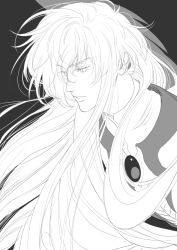 Rule 34 | 1boy, black background, cardcaptor sakura, character request, commentary, greyscale, hair between eyes, long hair, male focus, monochrome, onegingek, parted lips, simple background, solo, yue (cardcaptor sakura)