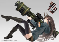 Rule 34 | armband, black footwear, blue hoodie, boots, brown eyes, brown hair, brown shorts, closed mouth, commentary request, from side, grey background, high heel boots, high heels, holding, holding weapon, hood, hood down, hoodie, horns, inabi, long hair, looking at viewer, looking to the side, original, pointy ears, purple thighhighs, rocket launcher, scope, short shorts, shorts, solo, thighhighs, weapon