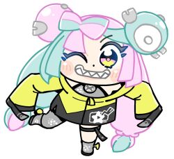 Rule 34 | 1girl, asymmetrical legwear, bkub, black jacket, blue hair, blush, boots, bow-shaped hair, character hair ornament, chibi, chibi only, closed eyes, closed mouth, creatures (company), full body, game freak, gen 1 pokemon, grey footwear, grey pantyhose, hair ornament, happy, iono (pokemon), jacket, light blue hair, long hair, looking at viewer, low-tied long hair, low twintails, magnemite, multicolored clothes, multicolored eyes, multicolored hair, multicolored jacket, nintendo, one eye closed, oversized clothes, pantyhose, pink eyes, pink hair, pokemon, pokemon sv, sharp teeth, shirt, single leg pantyhose, single thighhigh, sleeveless, sleeveless shirt, sleeves past fingers, sleeves past wrists, smile, solo, split-color hair, teeth, thighhighs, twintails, two-tone hair, very long hair, very long sleeves, yellow eyes, yellow jacket