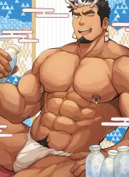 Rule 34 | 1boy, abs, absurdres, bara, black hair, bottle, bright pupils, brown eyes, chinese zodiac, dark-skinned male, dark skin, dragon horns, facial hair, forked eyebrows, fundoshi, goatee, hanafuda earrings, highres, holding, holding bottle, horns, japanese clothes, kareraisu, large pectorals, male focus, male underwear, multicolored hair, muscular, muscular male, mustache stubble, nipple piercing, nipple rings, nipples, one eye closed, open mouth, original, pectorals, piercing, sake bottle, smile, solo, stubble, thick eyebrows, thick navel hair, topless male, two-tone hair, underwear, white hair, white male underwear, white pupils, year of the dragon