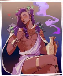 Rule 34 | 1boy, alcohol, blush, cape, chalice, cup, dark-skinned male, dark skin, dionysus (hades), facial hair, food, fruit, gradient background, grapes, grin, hades (series), hades 1, heart, highres, holding, holding cup, laurel crown, long hair, low-tied long hair, low tied hair, male focus, pectorals, purple hair, shadowlll2, smile, smoke trail, solo, stubble, thigh strap, thighs, toga, wine