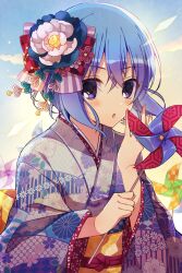 Rule 34 | 1girl, :o, alternate costume, blue hair, blue kimono, bluestar iz, bow, claire elford, cloud, crossed bangs, flower, hair between eyes, hair bow, hair flower, hair ornament, hand to own mouth, highres, holding, holding pinwheel, japanese clothes, kanzashi, kikumon, kimono, light blush, looking at viewer, multicolored clothes, multicolored kimono, obi, pink bow, pink kimono, pinwheel, purple eyes, sakuramon, sash, seigaiha, short hair, solo, striped clothes, striped kimono, upper body, witch&#039;s heart