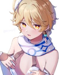 Rule 34 | 1boy, aether (genshin impact), ahoge, bare arms, bare shoulders, blonde hair, braid, breasts, cape, cosplay, earrings, fingerless gloves, genshin impact, gloves, hair between eyes, highres, jewelry, lumine (genshin impact), lumine (genshin impact) (cosplay), male focus, medium breasts, miryoryo9, open mouth, protected link, scarf, short hair, single braid, solo, toned, trap, twitter username, white background, white cape, yellow eyes
