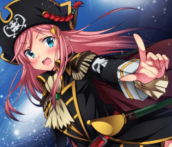 Rule 34 | 1girl, :o, ascot, black hat, blue eyes, blush, capelet, cloak, epaulettes, hair ornament, hairclip, hat, hat feather, index finger raised, katou marika, long hair, miniskirt pirates, open mouth, pink hair, pirate, pirate hat, sheath, sheathed, sk02, skull and crossbones, solo, space