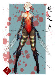 Rule 34 | 1girl, antennae, arthropod girl, black skin, blood, blood splatter, border, breasts, colored skin, commentary request, full body, green background, grey hair, grey skin, highres, insect wings, looking at viewer, mabo9317, monster girl, mosquito girl, multicolored skin, navel, original, outside border, red eyes, red skin, short hair, sidelocks, small breasts, solo, translation request, white border, wings