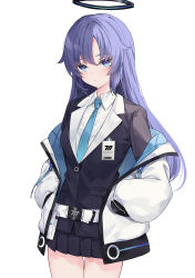 Rule 34 | 1girl, absurdres, alternate hairstyle, belt, black halo, black jacket, black skirt, blazer, blue archive, blue eyes, blue hair, blue necktie, closed mouth, collared shirt, commentary, cowboy shot, hair down, halo, hands in pockets, highres, id card, jacket, lapels, light blush, lisu, long hair, long sleeves, mechanical halo, miniskirt, multicolored clothes, multicolored jacket, necktie, open clothes, open jacket, parted bangs, pleated skirt, puffy long sleeves, puffy sleeves, shirt, simple background, skirt, solo, thigh gap, thighs, two-tone jacket, white background, white belt, white jacket, white shirt, yuuka (blue archive)