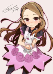 Rule 34 | 1girl, bare arms, black bow, black hairband, black pantyhose, black shirt, blush, bow, breasts, brown hair, buttons, closed mouth, collared shirt, cowboy shot, dress, dress shirt, eyebrows, eyelashes, floating hair, forehead, hairband, holding, holding stuffed toy, idolmaster, idolmaster (classic), legs apart, long hair, looking at viewer, minase iori, outline, pantyhose, pink dress, pink eyes, pink outline, shirt, single hair intake, small breasts, smile, solo, standing, straight hair, stuffed animal, stuffed rabbit, stuffed toy, undershirt