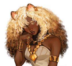 Rule 34 | 1girl, absurdres, alternate hairstyle, alternate skin color, animal ears, bangle, bare shoulders, blonde hair, bracelet, breasts, brown hair, cleavage, commentary, curly hair, dark-skinned female, dark skin, english commentary, genshin impact, geo symbol (genshin impact), gold bracelet, gradient hair, green eyes, halterneck, hand on own cheek, hand on own face, highres, ine (inebyoonei), jaguar ears, jewelry, looking to the side, multicolored hair, ring, simple background, solo, vision (genshin impact), white background, xilonen (genshin impact)
