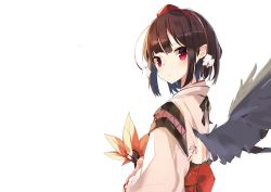 Rule 34 | 1girl, bird, black hair, black wings, closed mouth, commentary request, crow, from side, hat, holding, japanese clothes, kourindou tengu costume, light frown, looking at viewer, looking back, pointy ears, red eyes, shameimaru aya, short hair, simple background, solo, standing, tetsurou (fe+), tokin hat, touhou, upper body, white background, wide sleeves, wings