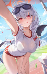 Rule 34 | 1girl, absurdres, blue archive, dkxlek, glasses on head, haruna (blue archive), highres, long hair, looking at viewer, outdoors, red eyes, shirt, short sleeves, solo, tongue, white hair, white shirt