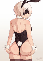 Rule 34 | 1girl, animal ears, artist name, ass, back, backless outfit, bare shoulders, black blindfold, black hairband, black leotard, black thighhighs, blindfold, breasts, closed mouth, commentary, cowboy shot, darahan, detached collar, fake animal ears, fake tail, from behind, hairband, hands on own ass, leotard, nier:automata, nier (series), playboy bunny, rabbit ears, rabbit tail, short hair, shoulder blades, simple background, solo, standing, strapless, strapless leotard, tail, thighhighs, wrist cuffs, 2b (nier:automata)