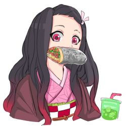 Rule 34 | 1girl, black hair, burrito, checkered sash, cup, disposable cup, drinking straw, foil, food, food focus, food in mouth, gradient hair, highres, ice, ice cube, japanese clothes, kamado nezuko, kimetsu no yaiba, kimono, l34str0, long hair, looking at viewer, mouth hold, multicolored hair, pink eyes, pink kimono, pink ribbon, ribbon, simple background, solo, upper body, white background
