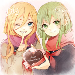 Rule 34 | 2girls, blonde hair, blue eyes, candy, character name, chocolate, chocolate heart, enpera, finger to mouth, food, green eyes, green hair, grin, gumi, happy valentine, heart, lily (vocaloid), long hair, looking at viewer, multiple girls, one eye closed, scarf, school uniform, serafuku, short hair, short hair with long locks, smile, tama (songe), text focus, valentine, vocaloid, wink