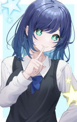Rule 34 | 1girl, aqua eyes, black sweater vest, blue background, blue bow, blue bowtie, blue hair, border, bow, bowtie, closed mouth, collared shirt, commentary, finger to mouth, highres, ib (sorano ib), index finger raised, kurokawa akane, long sleeves, looking at viewer, medium hair, oshi no ko, puffy sleeves, school uniform, shirt, sidelocks, smile, solo, sparkle, star-shaped pupils, star (symbol), sweater vest, symbol-shaped pupils, upper body, white border, white shirt