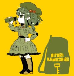 Rule 34 | 1girl, backpack, bag, blouse, blue eyes, blue hair, boots, bottle, breast pocket, character name, collared shirt, drinking, hair bobbles, hair ornament, hand on own hip, hat, highres, kawashiro nitori, knee boots, pocket, romaji text, shirt, skirt, skirt set, solo, touhou, two side up, unworn backpack, unworn bag, water bottle, yt (wai-tei)