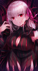 Rule 34 | 1girl, absurdres, black dress, breasts, cleavage, commentary request, dark persona, dark sakura, dress, fate/stay night, fate (series), grin, hair between eyes, hair ribbon, hand up, highres, large breasts, leaning forward, long hair, long sleeves, looking at viewer, matou sakura, nano (syoutamho), parted lips, red eyes, ribbon, silver hair, smile, solo, striped clothes, striped dress, teeth, vertical-striped clothes, vertical-striped dress