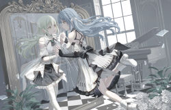 Rule 34 | 2girls, ascot, bang dream!, bang dream! it&#039;s mygo!!!!!, black ascot, black gloves, black skirt, blue hair, bridal gauntlets, chinese commentary, closed mouth, clothing cutout, commentary request, crack, cracked glass, dress, elbow gloves, flower, gloves, grand piano, green hair, hair ribbon, highres, indoors, instrument, long hair, looking at another, multiple girls, piano, piano bench, plant, potted plant, ribbon, rose, shoulder cutout, skirt, thighhighs, tile floor, tiles, togawa sakiko, wakaba mutsumi, white dress, white flower, white footwear, white gloves, white ribbon, white rose, white thighhighs, wind, xukong, yellow eyes