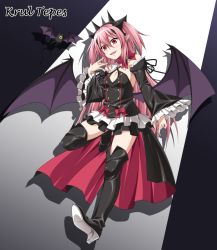 Rule 34 | 10s, 1girl, bat (animal), black background, boots, character name, female focus, flying, full body, gothic lolita, gradient background, grey background, hair between eyes, high heel boots, high heels, krul tepes, lolita fashion, no bra, owari no seraph, pointy ears, red eyes, solo, thighhighs, vampire, wings