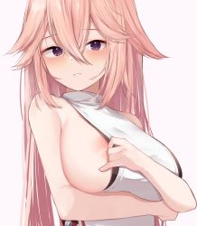 Rule 34 | 1girl, absurdres, areola slip, arm under breasts, blush, breasts, genshin impact, hair between eyes, highres, large breasts, looking at viewer, memekko, parted lips, pink hair, purple eyes, sideboob, simple background, sleeveless, smile, solo, upper body, white background, yae miko