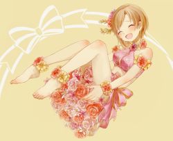 Rule 34 | 10s, 1girl, :d, aiba yumi, anklet, armlet, bare legs, bare shoulders, barefoot, blush, bow, bra, bracelet, brown hair, collar, closed eyes, feet, flower, flower collar, flower skirt, hair flower, hair ornament, idolmaster, idolmaster cinderella girls, jewelry, knees to chest, open mouth, sasasasa, smile, solo, underwear, yellow background