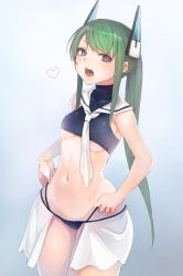 Rule 34 | 1girl, breasts, covered erect nipples, cowboy shot, green hair, headgear, heart, highres, long hair, looking at viewer, menou kaname (taishi), navel, open mouth, original, ponytail, purple eyes, sailor collar, solo, swimsuit, taishi (picchiridou), teeth, underboob, wide hips
