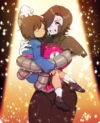 Rule 34 | 1boy, androgynous, bad id, black hair, brown hair, carrying, cyborg, frisk (undertale), gloves, grin, hair over one eye, jitome, mettaton, mettaton ex, norasame (dagako), pink eyes, smile, socks, solid circle eyes, sparkle, thick thighs, thighs, undertale, white gloves
