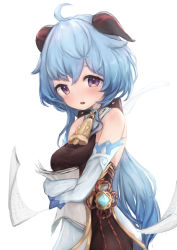 Rule 34 | 1girl, absurdres, ahoge, bare shoulders, bell, blue hair, blush, breasts, chinese knot, detached sleeves, flower knot, flying paper, ganyu (genshin impact), genshin impact, highres, holding, holding paper, horns, long hair, looking at viewer, medium breasts, neck bell, paper, parted lips, purple eyes, sidelocks, solo, standing, teruriu, vision (genshin impact), wavy mouth, white background, white sleeves