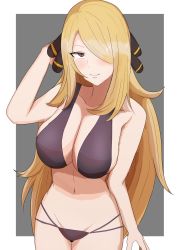 Rule 34 | 1girl, absurdres, alternate breast size, arm at side, bikini, black bikini, blonde hair, blush, breasts, cleavage, commentary request, creatures (company), cynthia (pokemon), eyelashes, game freak, grey eyes, hair ornament, hair over one eye, hand up, highres, large breasts, long hair, looking at viewer, navel, nintendo, parted lips, pokemon, pokemon dppt, smile, solo, swimsuit, tatsu (user rjes8545), teeth, two-tone background, very long hair