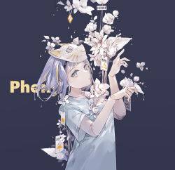 Rule 34 | 1girl, barcode, blue eyes, cat mask, doll joints, english text, flower, hands up, highres, joints, looking at viewer, mask, mask on head, mechari, paw pose, phony (vocaloid), shirt, short hair, sign, silver hair, solo, t-shirt, upper body, vocaloid, warning sign, white flower