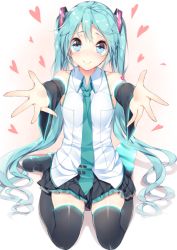 Rule 34 | 1girl, aqua hair, black thighhighs, blue eyes, c:, detached sleeves, hatsune miku, heart, long hair, looking at viewer, md5 mismatch, necktie, outstretched arms, seiza, sitting, skirt, smile, solo, thighhighs, twintails, very long hair, vocaloid, yappen, yatsu (sasuraino)