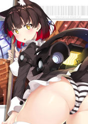 Rule 34 | 1girl, absurdres, animal ear fluff, animal ears, apron, ass, barcode, black dress, black hair, breasts, building, cat, cat ears, cat tail, commentary request, covered erect nipples, dress, gradient hair, highres, long sleeves, looking at viewer, maid, maid apron, medium breasts, multicolored hair, open mouth, original, panties, red hair, shadow, solo, striped clothes, striped panties, tail, thighs, two-tone hair, underwear, white panties, yellow eyes, zelitto