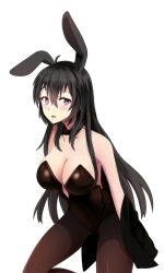 Rule 34 | 1girl, :o, animal ears, bad id, bad pixiv id, bare shoulders, beifeng han, black hair, blazer, bow, bowtie, breasts, cleavage, fake animal ears, female focus, fishnet pantyhose, fishnets, jacket, large breasts, long hair, looking at viewer, miyaura sanshio, off shoulder, open mouth, original, pantyhose, playboy bunny, purple eyes, rabbit ears, simple background, solo, strapless, white background