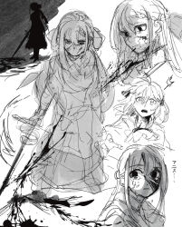 Rule 34 | 2girls, ahoge, anisphia wynn palettia, blood, blood on face, blood splatter, closed mouth, commentary, crying, crying with eyes open, dress, euphyllia magenta, expressionless, greyscale, hair ribbon, highres, holding, holding sword, holding weapon, koyomania, long hair, looking at another, medium hair, monochrome, multiple girls, open mouth, parted lips, ribbon, sketch, sweatdrop, sword, tears, tensei oujo to tensai reijou no mahou kakumei, weapon
