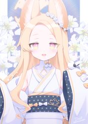 Rule 34 | 1girl, animal ears, bare shoulders, blonde hair, blue archive, blush, commentary request, detached sleeves, extra ears, flat chest, fox ears, fox girl, halo, japanese clothes, kimono, long sleeves, looking at viewer, nanopai kakumeikokonoyu, obi, open mouth, sash, seia (blue archive), sleeveless, sleeveless kimono, sleeves past fingers, sleeves past wrists, solo, straight-on, upper body, white kimono, yellow halo