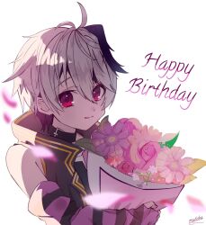 Rule 34 | 1girl, ahoge, arm warmers, backlighting, bare shoulders, belt collar, blurry, blurry foreground, bouquet, collar, en (madoka 01), falling petals, flower, flower (vocaloid), flower (vocaloid4), happy birthday, highres, holding, holding bouquet, jacket, looking at viewer, multicolored hair, petals, purple eyes, purple hair, purple jacket, shirt, short hair, signature, sleeveless, sleeveless jacket, sleeveless shirt, smile, solo, streaked hair, upper body, vocaloid, white background, white hair