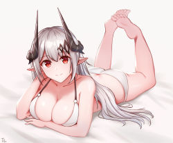 Rule 34 | 1girl, absurdres, arknights, arm under breasts, bare shoulders, bed sheet, bikini, breasts, cleavage, collarbone, commentary request, doraski, feet, feet up, female focus, full body, halterneck, hand on own cheek, hand on own face, head rest, highres, horns, large breasts, legs, long hair, looking at viewer, lying, mudrock (arknights), on stomach, pointy ears, red eyes, signature, silver hair, smile, soles, solo, swimsuit, the pose, toes, white background, white bikini