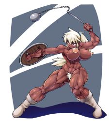 Rule 34 | 1girl, abs, blonde hair, boots, bouncing breasts, breasts, female focus, full body, large breasts, long hair, mocoack, muscular, nipples, nude, ponytail, red eyes, shield, solo, standing, weapon