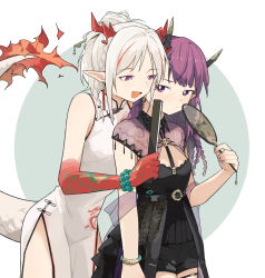Rule 34 | 2girls, arknights, bead bracelet, beads, black shorts, bracelet, china dress, chinese clothes, chinese commentary, coldcat., colored skin, commentary request, demon horns, dragon girl, dragon horns, dragon tail, dress, earrings, flame-tipped tail, folded fan, folding fan, gradient skin, hand fan, highres, holding, holding fan, horns, jewelry, lava (arknights), lava the purgatory (arknights), lava the purgatory (dusk wisteria) (arknights), multicolored hair, multiple girls, nian (arknights), nian (unfettered freedom) (arknights), official alternate costume, pink eyes, pointy ears, purple hair, red hair, red skin, see-through, shorts, sleeveless, sleeveless dress, streaked hair, tail, thigh strap, white dress, white hair, yuri