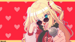Rule 34 | 1girl, adjusting eyewear, adjusting glasses, akai haato, blonde hair, blue eyes, commentary request, hair ornament, hairclip, heart, heart-shaped pupils, heart background, heart hair ornament, highres, holding, holding microphone, hololive, jacket, long hair, long sleeves, looking over eyewear, looking over glasses, magowasabi, microphone, nail polish, pointing, pointing at viewer, puffy long sleeves, puffy sleeves, red jacket, red nails, ringed eyes, signature, solo, sunglasses, symbol-shaped pupils, tinted eyewear, tongue, tongue out, two side up, upper body, virtual youtuber, x hair ornament
