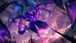 Rule 34 | 1girl, blue skin, colored skin, demon girl, evelynn (league of legends), gem, glowing, glowing eyes, highres, league of legends, looking at viewer, official alternate costume, official art, outdoors, pink clouds, pink skin, solo, soul fighter evelynn, sunset, tentacles