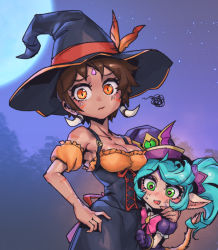 Rule 34 | 2girls, bare shoulders, bewitching nidalee, bewitching poppy, black dress, black headwear, blush, bow, bowtie, breasts, brown hair, cleavage, collarbone, cowboy shot, dress, green eyes, hair ornament, hand on own hip, hat, large breasts, league of legends, moon, multiple girls, nidalee, night, official alternate costume, orange dress, outdoors, phantom ix row, pink bow, pink bowtie, poppy (league of legends), puffy short sleeves, puffy sleeves, short hair, short sleeves, sky, star (sky), starry sky, tooth hair ornament, tree, twintails, wavy mouth, witch hat, yordle