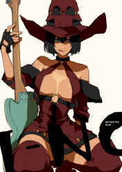 Rule 34 | 1girl, bare shoulders, black choker, black gloves, blue eyes, bob cut, breasts, character name, choker, collarbone, dated, electric guitar, fingerless gloves, gloves, guilty gear, guitar, hair between eyes, hat, heterochromia, i-no, instrument, large breasts, looking at viewer, maka (morphine), mole, mole above mouth, mole under eye, o-ring, o-ring top, purple eyes, red thighhighs, short hair, squatting, thighhighs, thighs, tiptoes, tongue, tongue out, witch, witch hat