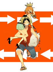 Rule 34 | 1boy, 1girl, arrow (symbol), bad id, bad pixiv id, bangle, bracelet, carrying, carrying over shoulder, couple, crown, hat, jewelry, monkey d. luffy, nami (one piece), one piece, person over shoulder, sandals, skirt, smile, straw hat, tomo (sjim), treasure