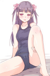 Rule 34 | 1girl, barefoot, black one-piece swimsuit, blush, cameltoe, collarbone, e20, hair ribbon, half-closed eyes, iitsu rei, knee up, long hair, one-piece swimsuit, open mouth, original, pink eyes, pink ribbon, purple hair, ribbon, school swimsuit, school swimsuit flap, sitting, solo, swimsuit, two side up