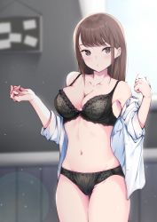 Rule 34 | 1girl, bare shoulders, black bra, black panties, blurry, blurry background, blush, bra, breasts, brown eyes, brown hair, cleavage, collarbone, commentary, cowboy shot, day, gluteal fold, highres, indoors, kotohane, long hair, looking at viewer, medium breasts, midriff, navel, off shoulder, open clothes, open shirt, original, panties, partially undressed, puckered lips, shirt, solo, straight hair, sunlight, thighs, underwear, white shirt, window
