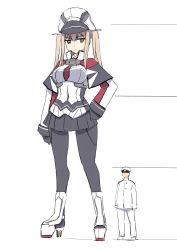 Rule 34 | 1boy, 1girl, admiral (kancolle), anchor, black gloves, black hair, black pantyhose, black skirt, blonde hair, boots, breasts, capelet, collared jacket, faceless, faceless male, full body, giant, giantess, gloves, graf zeppelin (kancolle), hand on own hip, hat, highres, jacket, kantai collection, large breasts, long sleeves, looking at another, looking down, military, military uniform, naval uniform, pants, pantyhose, peaked cap, pleated skirt, rudder footwear, seo tatsuya, sidelocks, simple background, size difference, skirt, standing, twintails, uniform, white background, white hat, white jacket, white pants, yellow eyes