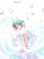Rule 34 | androgynous, barefoot, brown hair, bubble, gender request, gradient background, kazuto izumi, leaf, leaf on head, object on head, original, plant, purple eyes, short hair, solo, white background