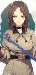 Rule 34 | 1girl, breasts, brown eyes, brown hair, choker, closed mouth, gloves, highres, holding, holding whip, large breasts, looking at viewer, medium breasts, military, military uniform, murata tefu, short hair, smile, snk, solo, standing, the king of fighters, uniform, whip, whip (kof)